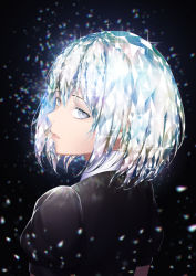 Rule 34 | androgynous, bad id, bad pixiv id, black background, black shirt, blue eyes, blue hair, diamond (houseki no kuni), eyelashes, from behind, gem uniform (houseki no kuni), gender request, glint, highres, houseki no kuni, lips, looking at viewer, looking back, motion blur, multicolored hair, parted lips, puffy short sleeves, puffy sleeves, revision, scal2let, shatter, shirt, short hair, short sleeves, silver hair, solo, upper body