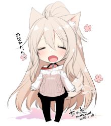Rule 34 | 1girl, :d, = =, animal ears, black pantyhose, black skirt, blonde hair, blush, chibi, commentary request, dated, full body, konshin, long hair, long sleeves, open mouth, original, pantyhose, ponytail, ribbed sweater, signature, simple background, skirt, sleeves past wrists, smile, solo, standing, sweater, tail, tail wagging, very long hair, white background, white sweater