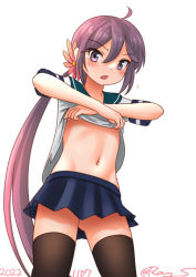 Rule 34 | 1girl, ahoge, akebono (kancolle), akebono kai (kancolle), bell, black thighhighs, blue sailor collar, blue skirt, clothes lift, commentary request, cowboy shot, dated, flower, gluteal fold, hair bell, hair flower, hair ornament, jingle bell, kantai collection, lifting own clothes, long hair, looking at viewer, navel, one-hour drawing challenge, pleated skirt, purple eyes, purple hair, ray.s, sailor collar, school uniform, serafuku, shirt lift, short sleeves, side ponytail, simple background, skirt, solo, thighhighs, twitter username, very long hair, white background