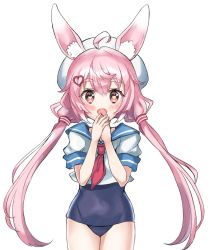Rule 34 | 1girl, ahoge, animal ear fluff, animal ears, blush, cowboy shot, hair ornament, hairclip, hand to own mouth, hat, long hair, low twintails, one-piece swimsuit, open mouth, pink eyes, pink hair, rabbit ears, school swimsuit, school uniform, serafuku, shirt, simple background, smile, solo, swimsuit, tomari mari, tomari mari channel, twintails, very long hair, virtual youtuber, white background, white hat, white shirt
