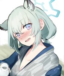 Rule 34 | 1girl, animal ears, aqua hair, blue archive, blue eyes, blush, breasts, cleavage, collarbone, drunk, gradient eyes, grey kimono, halo, head tilt, highres, japanese clothes, kimono, looking at viewer, low twintails, medium breasts, medium hair, multicolored eyes, nose blush, official alternate costume, purple eyes, shigure (blue archive), shigure (hot spring) (blue archive), sketch, sky jio, solo, tokkuri, twintails, upper body, weasel ears, weasel girl, yagasuri