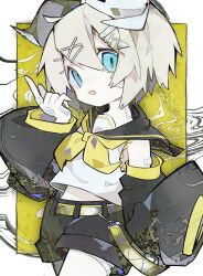 Rule 34 | 1girl, bandage on cheek, bandage on neck, bandaid, bandaid on arm, bandaid on hand, belt, blonde hair, blue eyes, cowboy shot, highres, kagamine rin, looking at viewer, school uniform, serafuku, short shorts, shorts, sleeveless, smile, solo, soresaki, vocaloid