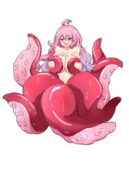 Rule 34 | 1girl, :d, @ @, ahoge, blush, breasts, collarbone, completely nude, covering nipples, covering privates, grabbing own breast, highres, ishuzoku reviewers, kkkula (kula), large breasts, long hair, monster girl, nude, okpa, open mouth, pink hair, scylla, simple background, smile, solo, suction cups, tentacles, wet, white background