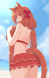 Rule 34 | 1girl, :o, animal ears, ass, back, bare arms, bare shoulders, bikini, bikini skirt, blue sky, blush, breasts, brown hair, cow, daiwa scarlet (trifle vacation) (umamusume), daiwa scarlet (umamusume), day, from behind, highres, horse ears, horse girl, horse tail, kirou (kiruyuu1210), large breasts, layered skirt, long hair, looking at viewer, looking back, low twintails, ocean, outdoors, parted lips, red bikini, red eyes, red skirt, skirt, sky, solo, swimsuit, tail, twintails, umamusume, very long hair, water