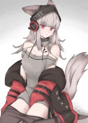 Rule 34 | 1girl, absurdres, animal ears, arknights, black hat, blush, breasts, brown pantyhose, cleavage, commentary request, dress, ears through headwear, fox ears, fox girl, fox tail, frostleaf (arknights), full body, grey background, grey dress, hat, headphones, highres, jacket, material growth, medium breasts, nyo (fy 1), oripathy lesion (arknights), pantyhose, red eyes, red jacket, seiza, simple background, sitting, solo, sweat, tail