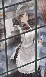 Rule 34 | 1girl, apron, black hair, blush, cleaning, closed mouth, earrings, highres, indoors, jewelry, long hair, looking at viewer, maid, maid apron, maid headdress, mole, mole under eye, original, sidelocks, silvertsuki, solo, standing, window, yellow eyes