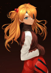 Rule 34 | 1girl, absurdres, ass, bad id, bad pixiv id, black background, blonde hair, blue eyes, bodysuit, brown sweater, closed mouth, cowboy shot, curvy, eyepatch, floating hair, from behind, gradient background, hand in pocket, headgear, highres, long hair, looking at viewer, looking back, neon genesis evangelion, plugsuit, rebuild of evangelion, red bodysuit, shiny clothes, solo, souryuu asuka langley, sr33023302, standing, sweater, turtleneck, turtleneck sweater, twintails, very long hair, white sleeves