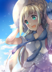 Rule 34 | 1girl, :d, arms up, blonde hair, blue sky, blush, braid, cloud, collared shirt, creatures (company), day, game freak, green eyes, hat, lillie (pokemon), long hair, looking away, nintendo, open mouth, outdoors, pleated skirt, pokemon, pokemon sm, ponytail, shirt, short sleeves, signature, skirt, sky, smile, solo, suihi, sun hat, teeth, upper teeth only, very long hair, white hat, white shirt, white skirt