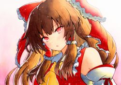 Rule 34 | ascot, bow, brown hair, collar, detached sleeves, hair bow, hair tubes, hakurei reimu, highres, japanese clothes, medium hair, miko, nontraditional miko, qqqrinkappp, red bow, red eyes, red shirt, ribbon-trimmed sleeves, ribbon trim, shirt, sidelocks, sleeveless, solo, touhou, traditional media, white collar, yellow ascot