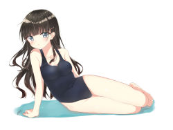 Rule 34 | 1girl, absurdres, amatsuji, barefoot, black hair, blunt bangs, breasts, collarbone, commentary request, covered navel, full body, grey eyes, hair ornament, hairclip, highleg, highleg swimsuit, highres, hime cut, long hair, looking at viewer, lying, medium breasts, on side, one-piece swimsuit, original, school swimsuit, solo, swimsuit, white background