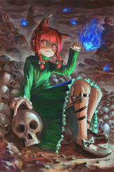 Rule 34 | 1girl, animal ears, arm up, black footwear, blue fire, blunt bangs, bow, braid, cat ears, cloud, cloudy sky, dress, extra ears, fire, fjsmu, footwear bow, foreshortening, green dress, hair ribbon, highres, holding, holding skull, kaenbyou rin, leg ribbon, long sleeves, looking at viewer, night, outdoors, paw pose, pile of skulls, red eyes, ribbon, shaded face, sitting, skull, sky, sleeves past wrists, smile, solo, touhou, twin braids