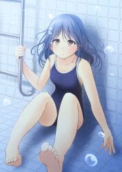 Rule 34 | 1girl, barefoot, black hair, blue one-piece swimsuit, breasts, brown eyes, commission, competition school swimsuit, freediving, highres, long hair, one-piece swimsuit, original, pixiv commission, pool ladder, school swimsuit, shibacha, sitting, small breasts, solo, swimsuit, tile floor, tile wall, tiles, underwater