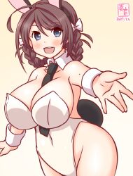Rule 34 | 1girl, animal ears, artist logo, bare shoulders, blush, bow, bowtie, braid, braided hair rings, breasts, brown hair, chougei (kancolle), covered navel, detached collar, fake animal ears, gradient background, grey eyes, hair flaps, hair rings, highleg, highleg leotard, kanon (kurogane knights), kantai collection, large breasts, leotard, long hair, looking at viewer, one-hour drawing challenge, open mouth, playboy bunny, rabbit ears, rabbit tail, smile, solo, strapless, strapless leotard, tail, traditional bowtie, twin braids, white leotard, wrist cuffs, yellow background