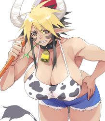 Rule 34 | 1girl, animal ears, animal print, bell, blonde hair, blue shorts, breasts, brown eyes, brown hair, cathyl, cleavage, collar, commission, cow ears, cow girl, cow print, cow tail, cowbell, cowboy shot, facial mark, grin, hand on own hip, holding, huge breasts, leaning forward, mila (yuta27315), monster girl, monster musume no iru nichijou, mouth hold, multicolored hair, muscular, muscular female, neck bell, short shorts, shorts, simple background, skeb commission, smile, solo, stalk in mouth, standing, straw (stalk), tail, two-tone hair, white background, wide hips