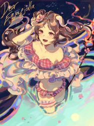 Rule 34 | 1girl, absurdres, arknights, bikini, blush, breasts, brown hair, character name, cleavage, commentary, cowboy shot, cursive, english text, eyjafjalla (arknights), eyjafjalla (summer flower) (arknights), fire, fish, floating hair, flower, frilled bikini, frills, from above, hair flower, hair ornament, hand in own hair, hibiscus, highres, holding, holding staff, horns, kikan (kikanoe), long hair, medium breasts, navel, official alternate costume, open mouth, parted bangs, pink bikini, pink eyes, pink flower, plaid, plaid bikini, sheep horns, smile, solo, staff, swimsuit, twintails, wading, wavy hair