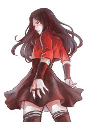 Rule 34 | 1girl, absurdres, animification, avengers: age of ultron, avengers (series), black dress, black hair, cropped jacket, dress, highres, jewelry, long hair, looking to the side, marvel, marvel cinematic universe, red eyes, ring, scarlet witch, shiori lee jeng, solo, thighhighs, wanda maximoff, wristband, zettai ryouiki