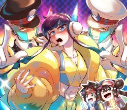 Rule 34 | 2girls, 3boys, black hair, blue eyes, blue nails, blue necktie, blunt bangs, blush, breasts, brown hair, cleavage, collarbone, collared shirt, commentary, concert, creatures (company), double bun, down jacket, earphones, elesa (pokemon), emmet (pokemon), english commentary, excited, game freak, gloves, glowstick, grey eyes, hair between eyes, hair bun, hat, headpiece, highres, ingo (pokemon), jacket, m-hex, multiple boys, multiple girls, music, nail polish, nate (pokemon), necktie, nintendo, open mouth, peaked cap, pointing, pokemon, pokemon bw2, rosa (pokemon), shirt, sideburns, sidelocks, silver hair, singing, small breasts, smile, sparkling eyes, visor cap, whistle, white gloves, yellow jacket