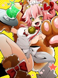 Rule 34 | 1girl, absurdres, animal ear fluff, animal ears, animal hands, apron, bell, blush, bow, breasts, cat hair ornament, cat paws, cleavage, collar, fangs, fate/grand order, fate (series), fox ears, fox girl, fox tail, gloves, hair bow, hair ornament, hair ribbon, heart, heart-shaped pupils, highres, jingle bell, large breasts, long hair, looking at viewer, maid headdress, naked apron, neck bell, open mouth, paw gloves, paw shoes, pink hair, ponytail, ribbon, solo, symbol-shaped pupils, tail, tamamo (fate), tamamo cat (fate), tamamo cat (third ascension) (fate), wagu neru, yellow eyes