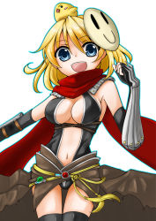 Rule 34 | 1girl, animal, animal on head, armor, assassin cross (ragnarok online), bird, bird on head, black gloves, black legwear, black leotard, blonde hair, blue eyes, blue outline, breasts, brown cape, cape, chick, cleavage, commentary request, cowboy shot, elbow gloves, fingerless gloves, gloves, hair between eyes, leotard, looking at viewer, mask, mask on head, medium breasts, navel, on head, open mouth, outline, pauldrons, ragnarok online, red scarf, revealing clothes, scarf, short hair, shoulder armor, simple background, smile, smiley face, solo, takarai mitsu, torn cape, torn clothes, vambraces, waist cape, white background