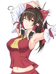 Rule 34 | 1girl, ;(, ^^^, alternate breast size, armpits, arms up, ascot, black eyes, black hair, bow, breasts, closed mouth, detached sleeves, groin, hair bow, hakurei reimu, highres, large breasts, long hair, long sleeves, looking at viewer, midriff peek, navel, nontraditional miko, ponytail, red bow, red shirt, red skirt, shirt, sideboob, sidelocks, skirt, skirt set, sleeveless, sleeveless shirt, solo, stomach, stretching, touhou, upper body, watarase piro, wide sleeves