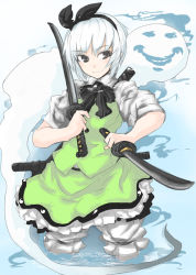 Rule 34 | 1girl, bad id, bad pixiv id, dual wielding, female focus, ghost, gradient background, hairband, holding, katana, konpaku youmu, konpaku youmu (ghost), short hair, sigama, silver hair, skirt, solo, sword, tanto, touhou, underwear, weapon, white background