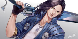 Rule 34 | 1boy, black hair, closed mouth, final fantasy, final fantasy viii, fingerless gloves, gloves, green eyes, gunblade, hiromyan, jacket, jewelry, laguna loire, long hair, looking at viewer, male focus, necklace, simple background, smile, solo, weapon