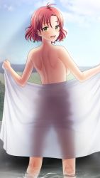 Rule 34 | 1girl, :d, antenna hair, braid, breasts, completely nude, day, doukyuusei another world, from behind, game cg, hair between eyes, hair ornament, holding, holding towel, kakyuusei 2, looking at viewer, medium breasts, medium hair, mole, mole under eye, nude, official art, open mouth, outdoors, red hair, see-through silhouette, shoulder blades, sideboob, smile, solo, standing, towel, wading, wakai misaki, white towel, yellow eyes