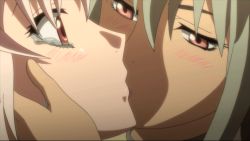Rule 34 | 2girls, aldra (queen&#039;s blade), animated, animated gif, blush, echidna (queen&#039;s blade), green eyes, kiss, multiple girls, queen&#039;s blade, queen&#039;s blade vanquished queens, red eyes, screencap, tears, yuri