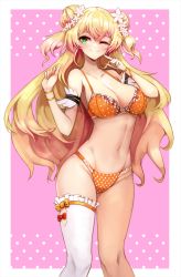 Rule 34 | 1girl, ;), armband, blonde hair, bow, bra, breasts, cleavage, closed mouth, collarbone, commentary, double bun, finger to cheek, flower, green eyes, groin, hair between eyes, hair bun, hair flower, hair ornament, hands up, highres, hololive, large breasts, long hair, looking at viewer, momosuzu nene, navel, notte, one eye closed, orange bow, orange bra, orange panties, orange ribbon, panties, pink background, polka dot, polka dot bra, polka dot panties, red bow, ribbon, single thighhigh, smile, solo, standing, stomach, thighhighs, two side up, underwear, underwear only, virtual youtuber, white thighhighs, wrist ribbon