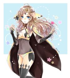 Rule 34 | 1girl, ahoge, blonde hair, blue eyes, breasts, breasts apart, cape, center opening, circlet, covered navel, fire emblem, fire emblem fates, head chain, jewelry, long hair, medium breasts, nintendo, open mouth, ophelia (fire emblem), outside border, solo, twitter username, yuyu (spika)