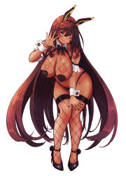Rule 34 | 1girl, animal ears, black bow, black bowtie, black footwear, black nails, blush, bow, bowtie, breasts, brown hair, dark-skinned female, dark skin, detached collar, fake animal ears, fake tail, fishnet pantyhose, fishnets, frontless outfit, full body, goddess of victory: nikke, heart pasties, high heels, highres, kilowinwin, large breasts, long hair, looking at viewer, meme attire, nail polish, noir (nikke), pantyhose, pasties, rabbit ears, rabbit tail, reverse bunnysuit, reverse outfit, simple background, solo, tail, very long hair, waving, white background, wrist cuffs, yellow eyes