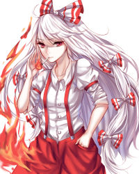 Rule 34 | 1girl, absurdres, bad id, bad pixiv id, bow, buttons, cigarette, closed mouth, cowboy shot, eyebrows, fire, fire, fujiwara no mokou, hair bow, hand in pocket, highres, long hair, looking at viewer, mouth hold, multi-tied hair, pants, pocket, puffy short sleeves, puffy sleeves, red eyes, red pants, serioes, serious, sheya, short sleeves, simple background, smoking, solo, suspenders, touhou, very long hair, white background, white bow, white hair, wing collar