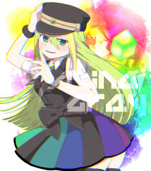 Rule 34 | 1girl, alina gray, black bow, black hat, black necktie, black vest, blonde hair, blush, bow, brooch, chain, character name, collar, cross tie, cube, detached collar, fur cuffs, gem, green eyes, green gemstone, green hair, hat, highres, jewelry, ketsuwotatakuna, long hair, looking at viewer, magia record: mahou shoujo madoka magica gaiden, magical girl, mahou shoujo madoka magica, multicolored clothes, multicolored skirt, necktie, open mouth, peaked cap, pleated skirt, puffy short sleeves, puffy sleeves, short sleeves, skirt, smile, solo, striped clothes, striped skirt, v-neck, vertical-striped clothes, vertical-striped skirt, vest, waist bow, white collar