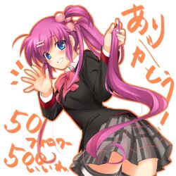 Rule 34 | 1girl, black jacket, blue eyes, blush, bow, collar, cowboy shot, eyes visible through hair, from behind, grey skirt, grin, hair between eyes, hair bobbles, hair ornament, hairclip, hand in own hair, happy, highres, jacket, little busters!, long hair, long sleeves, looking at viewer, milestone celebration, miniskirt, notice lines, one side up, open hand, otou (otou san), pink bow, plaid, plaid skirt, pleated skirt, purple hair, saigusa haruka, shirt, side ponytail, simple background, skirt, smile, solo, standing, striped clothes, striped thighhighs, thighhighs, third-party source, very long hair, waving, white background, white collar, white shirt, zettai ryouiki