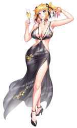 Rule 34 | 1girl, alcohol, armpits, bare shoulders, black footwear, blonde hair, blue eyes, blush, bracelet, breasts, champagne, champagne flute, choker, cleavage, closed mouth, collarbone, commentary request, covered navel, cup, drinking glass, full body, high heels, highres, holding, jewelry, large breasts, lips, long hair, looking at viewer, o-ring, official art, pointy ears, shinganji kurenai, shiny skin, short twintails, side slit, simple background, sleeveless, smile, solo, standing, taimanin (series), taimanin kurenai, taimanin rpgx, thighs, twintails, white background, wide hips, zol