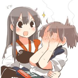 Rule 34 | &gt;:d, 10s, 2girls, :d, ahoge, akagi (kancolle), black eyes, black hair, blush, carrying, commentary request, covering face, embarrassed, full-face blush, kaga (kancolle), kantai collection, long hair, lowres, multiple girls, muneate, open mouth, princess carry, rebecca (keinelove), side ponytail, smile, sparkle, steaming body, v-shaped eyebrows, white background, yuri
