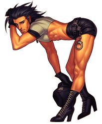 Rule 34 | 1990s (style), 1boy, belt, bent over, black gloves, black hair, blue eyes, boots, cachet, commission, crisis core final fantasy vii, crop top, cross-laced footwear, cuffs, final fantasy, final fantasy vii, full body, gloves, handcuffs, hat, high heel boots, high heels, highres, holding, holding clothes, holding hat, lace-up boots, male focus, muscular, retro artstyle, shirt, short shorts, shorts, simple background, solo, tight clothes, tight shirt, unworn hat, unworn headwear, zack fair