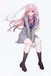 Rule 34 | 1girl, aiko (kanl), blush, breasts, darling in the franxx, green eyes, hairband, highres, horns, long hair, looking at viewer, oni horns, pink hair, red horns, smile, solo, uniform, zero two (darling in the franxx)