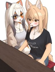 Rule 34 | 2girls, animal ears, animal nose, black shirt, blonde hair, breasts, cat ears, cat tail, fish hair ornament, fox ears, fox tail, furry, furry female, grey shirt, hair ornament, highres, instrument, jeifier (korfiorano01), jewelry, long hair, long sleeves, medium breasts, multiple girls, music, necklace, open mouth, orange eyes, original, piano, playing instrument, playing piano, ponytail, shirt, shorts, sitting, sweater, tail, white hair, yellow eyes