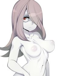 Rule 34 | 1girl, bad id, bad twitter id, breasts, completely nude, hair over one eye, highres, light purple hair, little witch academia, long hair, medium breasts, navel, nipples, nude, pale skin, pink hair, puffy nipples, red eyes, shiny skin, simple background, slugbox, solo, sucy manbavaran, upper body, white background