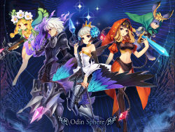 Rule 34 | 2boys, 3girls, armor, armored dress, bare shoulders, blonde hair, blue background, boots, braid, butterfly wings, copyright name, cornelius (odin sphere), flower, furry, gwendolyn (odin sphere), hair flower, hair ornament, head wings, holding, holding polearm, holding spear, holding sword, holding weapon, hood, insect wings, leg wings, leotard, long hair, low wings, mercedes (odin sphere), multicolored wings, multiple boys, multiple girls, odin sphere, oswald, pointy ears, polearm, profile, purple eyes, shoes, short hair, spear, sword, thigh boots, thighhighs, twin braids, veil, velvet (odin sphere), weapon, white footwear, white hair, wings, yeruen