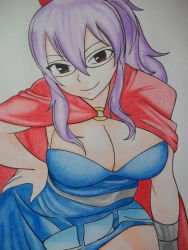 Rule 34 | 1girl, breasts, brown eyes, cape, cleavage, fairy tail, glasses, highres, laki olietta, large breasts, long hair, looking at viewer, ponytail, purple eyes, smile, solo