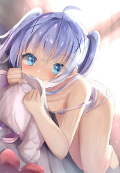 Rule 34 | 1girl, ahoge, bad id, bad pixiv id, bare arms, bare legs, bare shoulders, barefoot, blue eyes, blue hair, blurry, blurry background, blush, bow, camisole, commentary request, covered mouth, depth of field, gochuumon wa usagi desu ka?, hair between eyes, hair ornament, highres, indoors, kafuu chino, long hair, looking at viewer, lying, natuna natu, on side, panties, pink vest, red bow, shirt, solo, strap slip, sunlight, two side up, underwear, underwear only, vest, white camisole, white panties, white shirt, x hair ornament