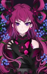 Rule 34 | 1girl, black gloves, blue flower, butterfly brooch, butterfly earrings, butterfly hair ornament, dark dream, earrings, elbow gloves, flower, gloves, hair ornament, hair rings, highres, jewelry, long hair, looking at viewer, pink hair, precure, solo, uta (yagashiro25), yes! precure 5