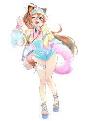 Rule 34 | 1girl, absurdres, animal ears, aqua hair, bandaid, bandaid on face, bandaid on nose, brown hair, clothing cutout, colored inner hair, dog ears, dog girl, dog tail, eyeshadow, fang, feet, green eyes, hair ornament, hair scrunchie, harutask, highres, jacket, knees together feet apart, legs, lifeguard, makeup, mascot, miyoshino shiki, multicolored hair, multicolored nails, nail polish, navel cutout, off shoulder, official alternate costume, official alternate hairstyle, paw print, ponytail, power symbol, prism project, prosthetic ear, sandals, scrunchie, second-party source, see-through, see-through one-piece swimsuit, see-through sleeves, skin fang, solo, streaked hair, swimsuit, tail, thigh strap, toenail polish, toenails, toes, virtual youtuber, visor cap, whistle