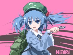 Rule 34 | 1girl, :d, backpack, bag, blue eyes, blue hair, frilled sleeves, frills, hat, kawashiro nitori, kongari (kngr), open mouth, short hair, smile, touhou, twintails, two side up, wide sleeves, wrench