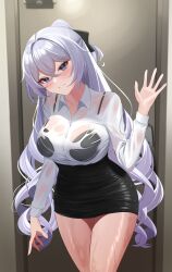 Rule 34 | 1girl, absurdres, aircell, arm at side, black bra, black skirt, blush, bra, bra visible through clothes, breasts, bronya zaychik, bronya zaychik (silverwing: n-ex), collarbone, collared shirt, commentary, cowboy shot, crossed bangs, english commentary, grey eyes, grey hair, hair between eyes, hand up, highres, honkai (series), honkai impact 3rd, huge breasts, indoors, office lady, paid reward available, red pupils, shirt, skirt, smile, solo, underwear, waving, wet, white shirt