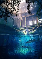 Rule 34 | animal, aquarium, commentary request, day, fish, highres, indoors, mocha (cotton), no humans, original, overgrown, partially underwater shot, ruins, scenery, sunlight, water