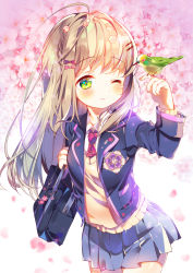 Rule 34 | 1girl, ;), absurdres, ahoge, animal, animal on hand, bag, bird, bird on hand, blazer, blue jacket, blue skirt, blush, bow, braid, breasts, brown hair, brown sweater, cherry blossoms, closed mouth, collared shirt, commentary request, flower, green eyes, hair bow, hair ornament, hairclip, hand up, highres, jacket, long hair, long sleeves, looking away, looking to the side, moe2019, moeno uni, necktie, one eye closed, open clothes, open jacket, original, petals, pink flower, pleated skirt, red bow, red necktie, school bag, shirt, skirt, small breasts, smile, solo, sweater, very long hair, white shirt