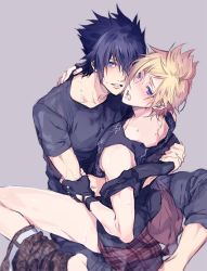Rule 34 | 10s, 2boys, black hair, blonde hair, blush, bottomless, final fantasy, final fantasy xv, looking at viewer, male focus, multiple boys, noctis lucis caelum, open mouth, prompto argentum, sitting, sitting on person, sweat, undressing, yaoi